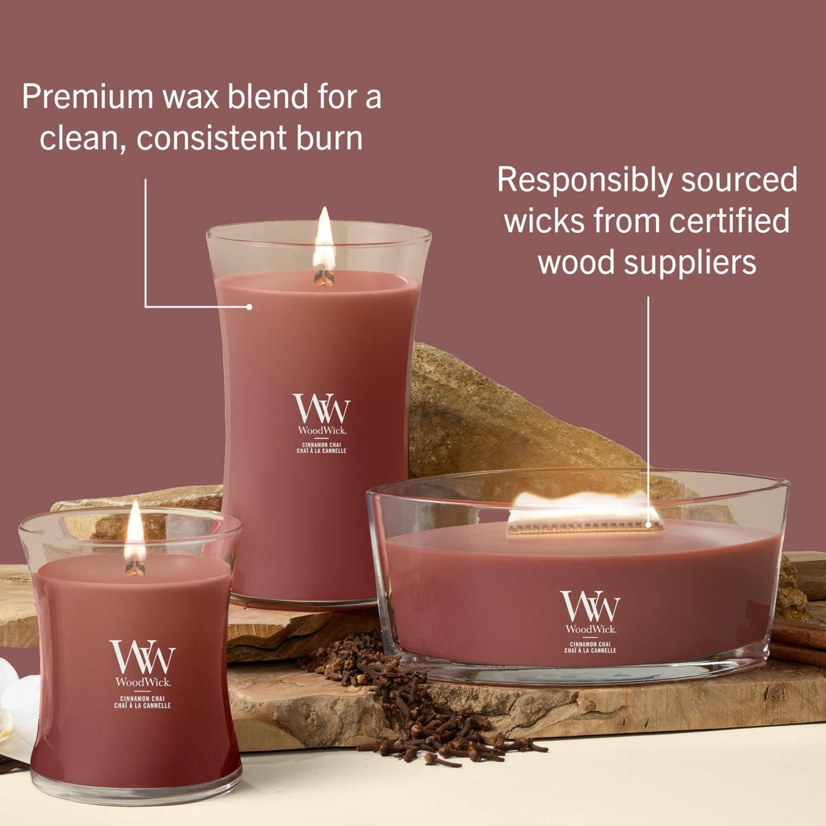 WoodWick vanilla, cinnamon, clove notes create inviting atmosphere.