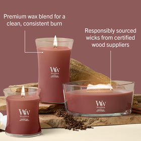 WoodWick vanilla, cinnamon, clove notes create inviting atmosphere.