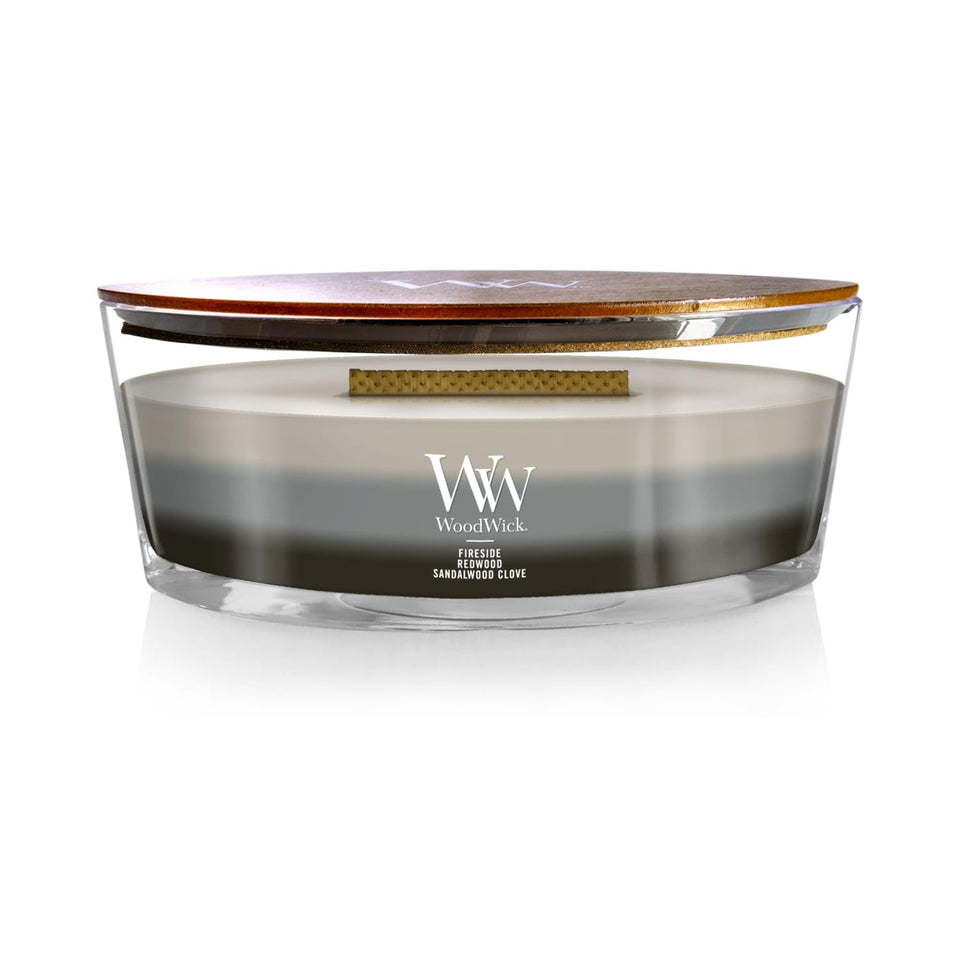 WoodWick Warm Woods Fireside candle with Hearthwick crackle for a cozy fireside ambiance.