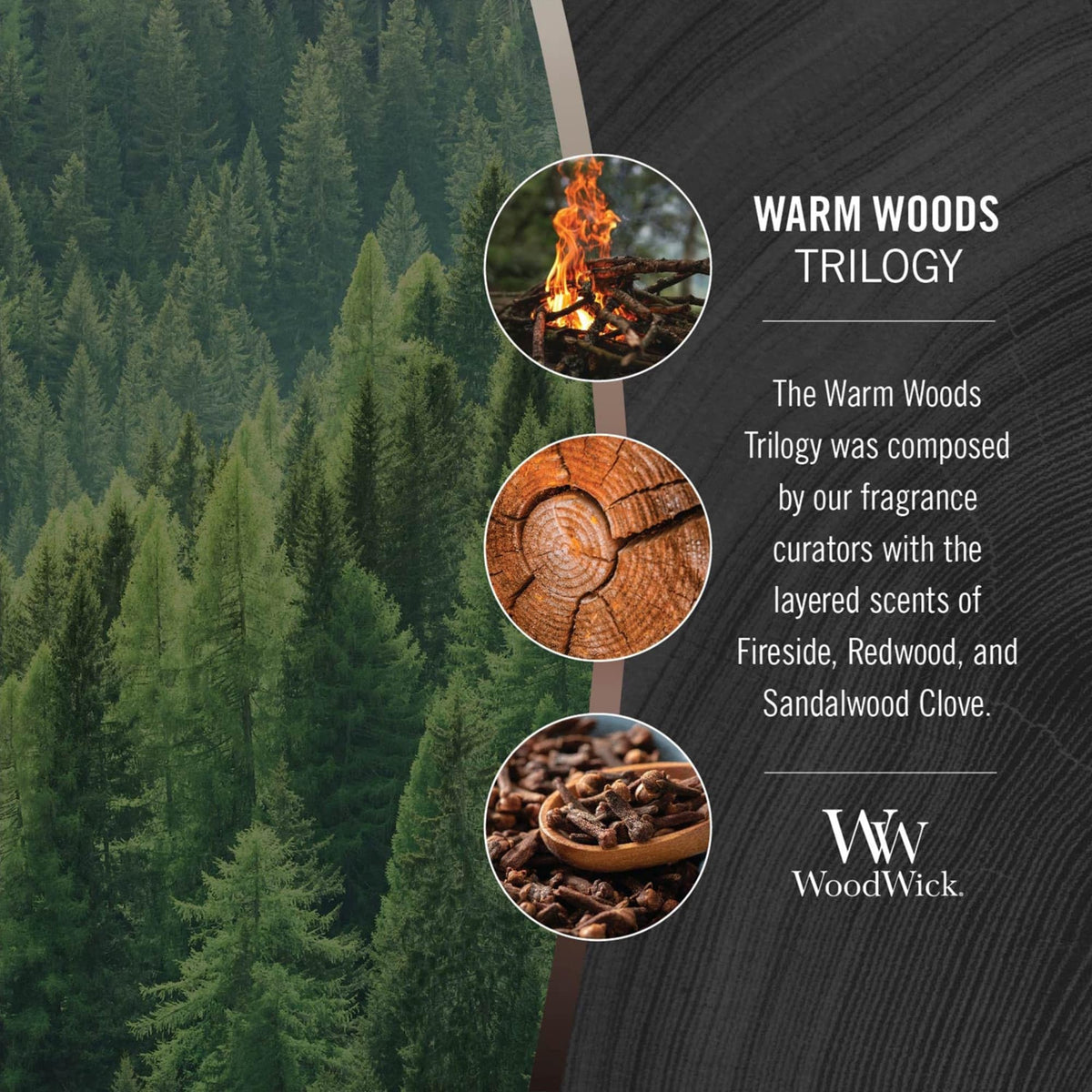 WoodWick Warm Woods Redwood candle showcases redwood and sandalwood for a rich, earthy aroma.