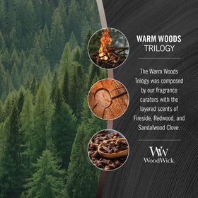 WoodWick Warm Woods Redwood candle showcases redwood and sandalwood for a rich, earthy aroma.