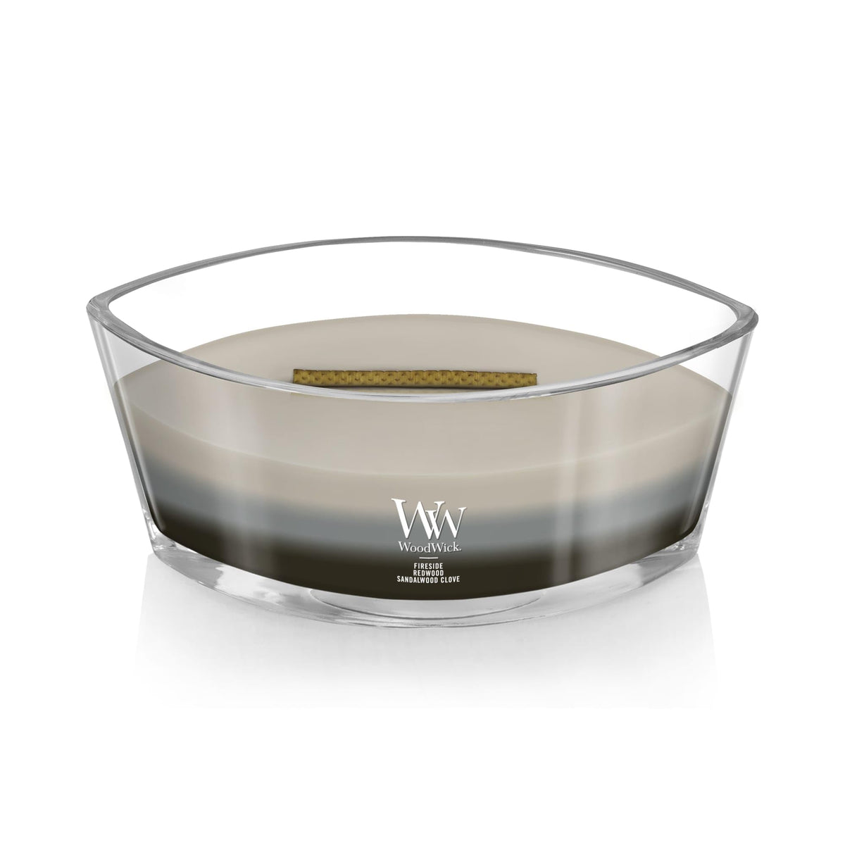 WoodWick Warm Woods Sandalwood Clove candle blends sandalwood with clove for warm spice notes.