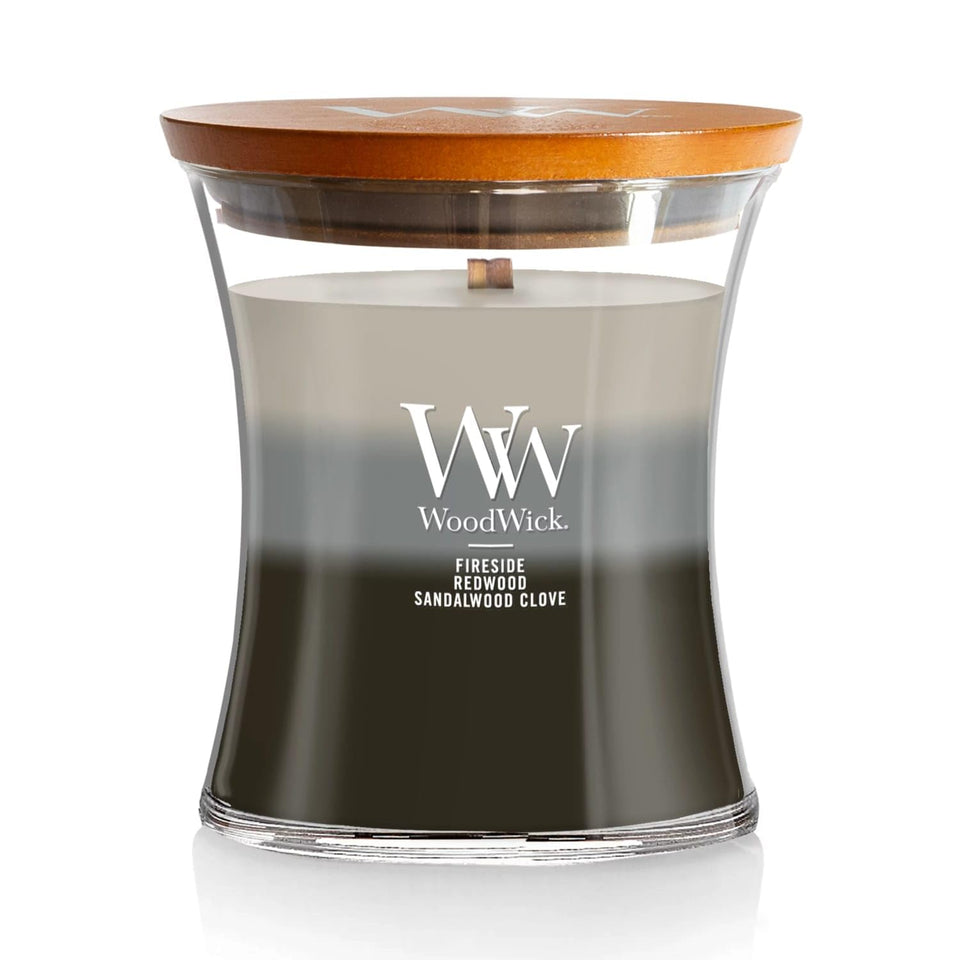 WoodWick Warm Woods Trilogy candle front view with wooden lid for gifting appeal