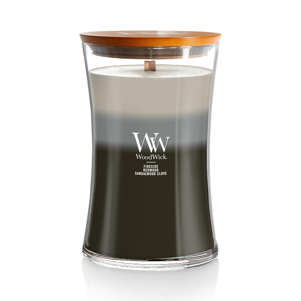 WoodWick Warm Woods Trilogy candle with crackling wick for cozy evenings