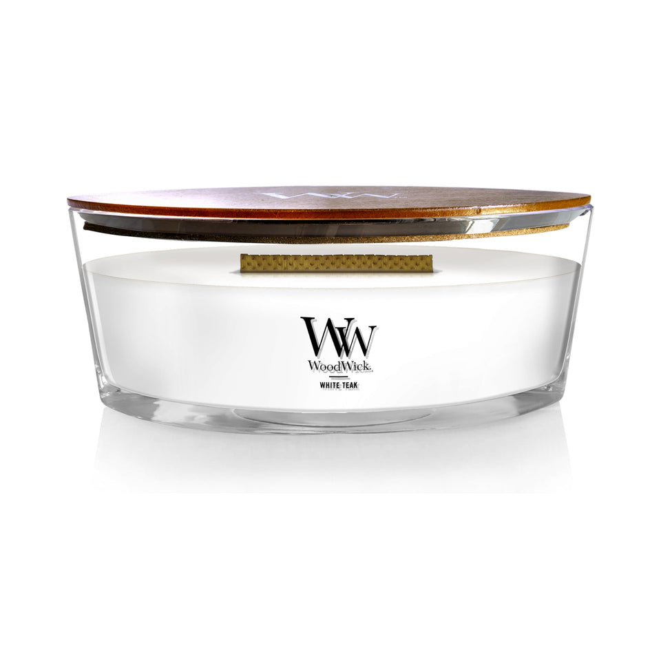 WoodWick White Teak Ellipse Candle with Hearthwick Flame for even fragrance release