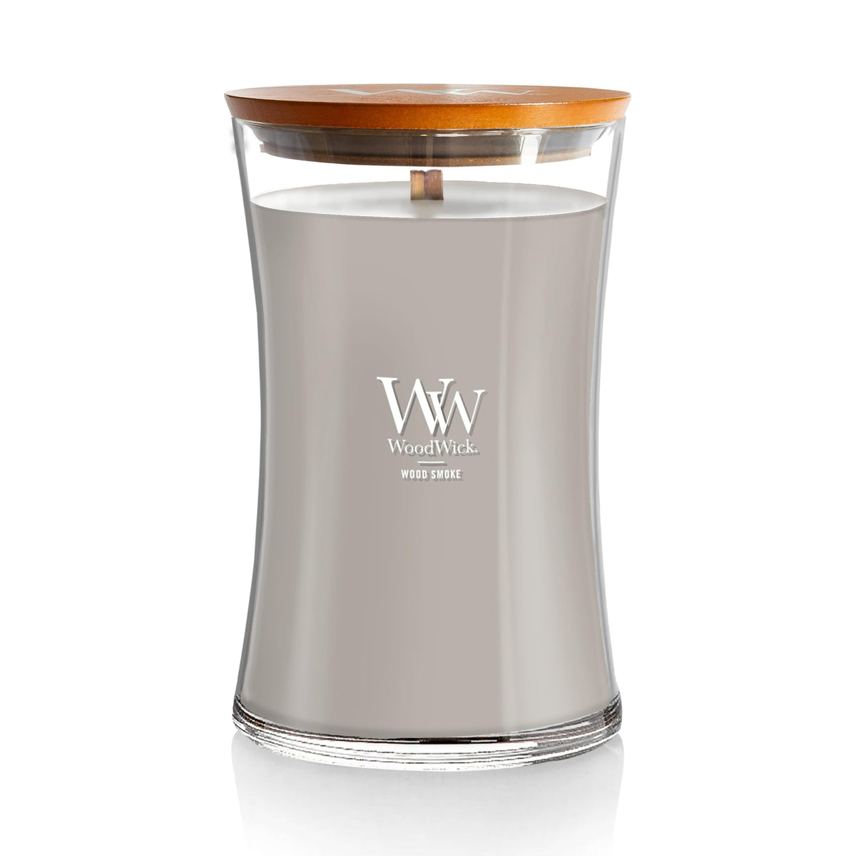 WoodWick Wood Smoke Hourglass Candle front view evokes cozy fireside ambiance.