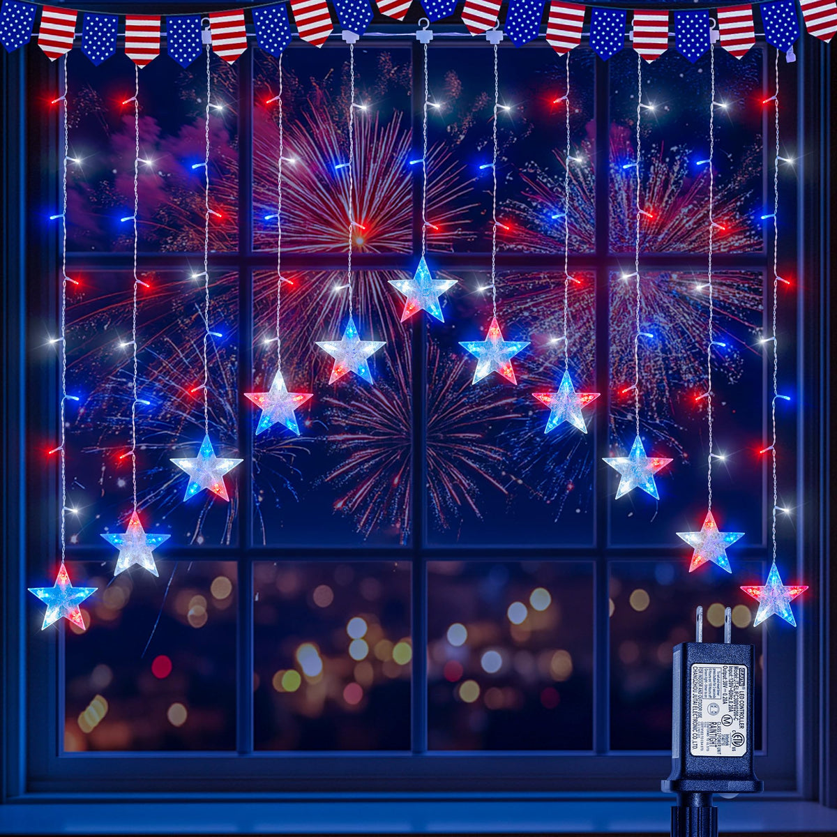 woohaha Fourth of July star icicle lights illuminate a festive window display