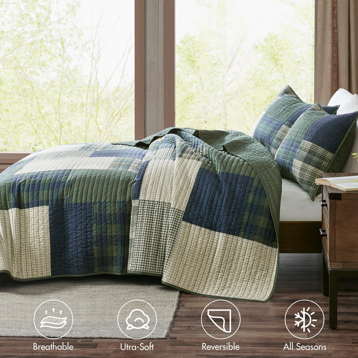 Woolrich Mill Creek patchwork quilt fabric texture highlighting soft, prewashed cotton feel.