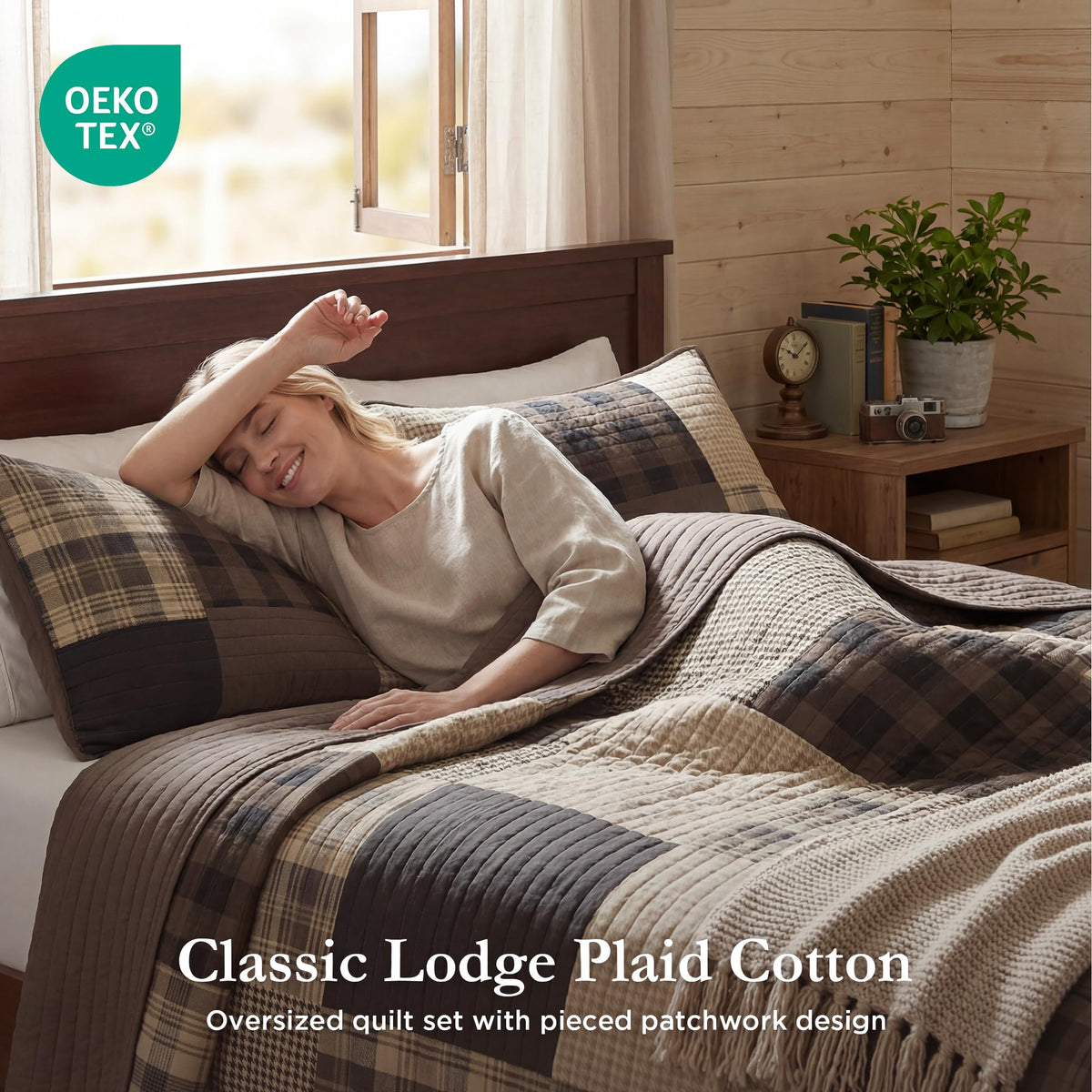 Woolrich Winter Hills quilt close-up reveals plaid textures and rustic tone