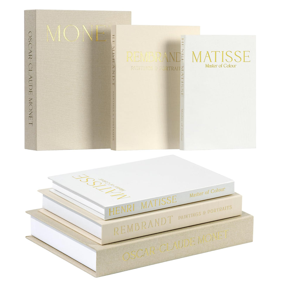 WOPIPAL decorative books with taupe-beige-white linen cover add warm texture to shelves.