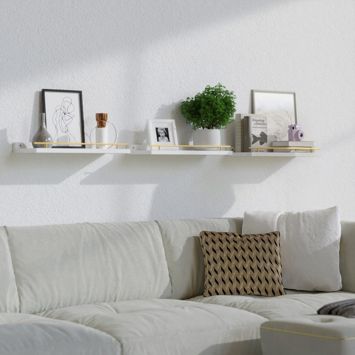 WOPITUES decor and art arranged on floating shelves