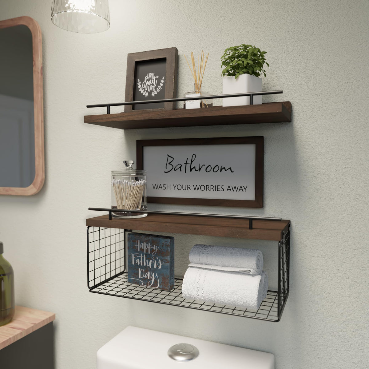 WOPITUES bathroom shelves over toilet with basket keeps toilet paper tidy.