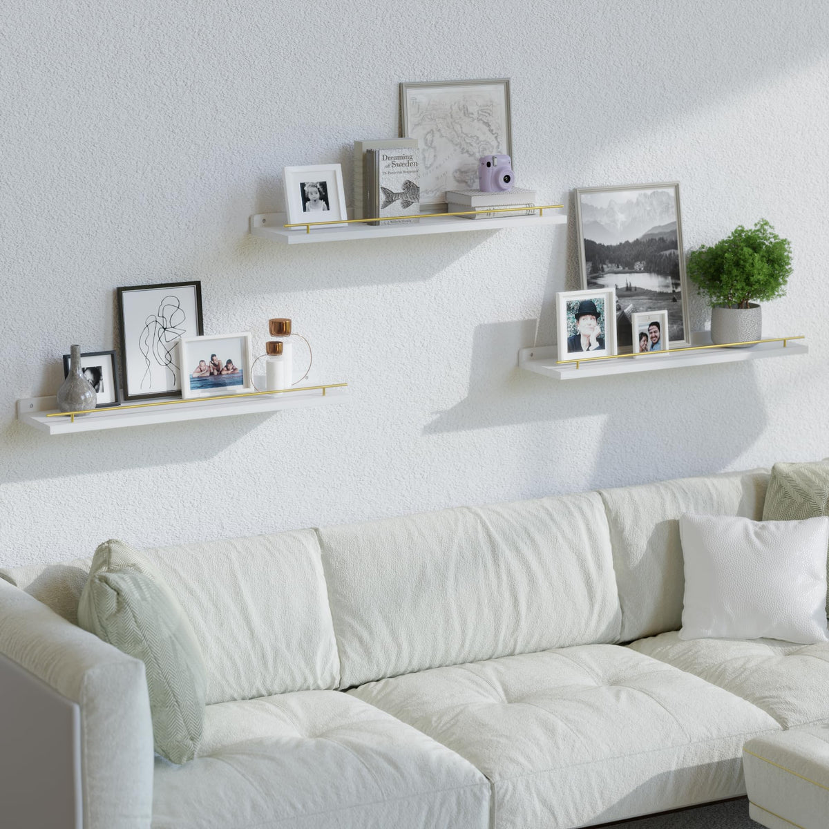 Bathroom storage solution with guardrail keeping toiletries in place on a shelf