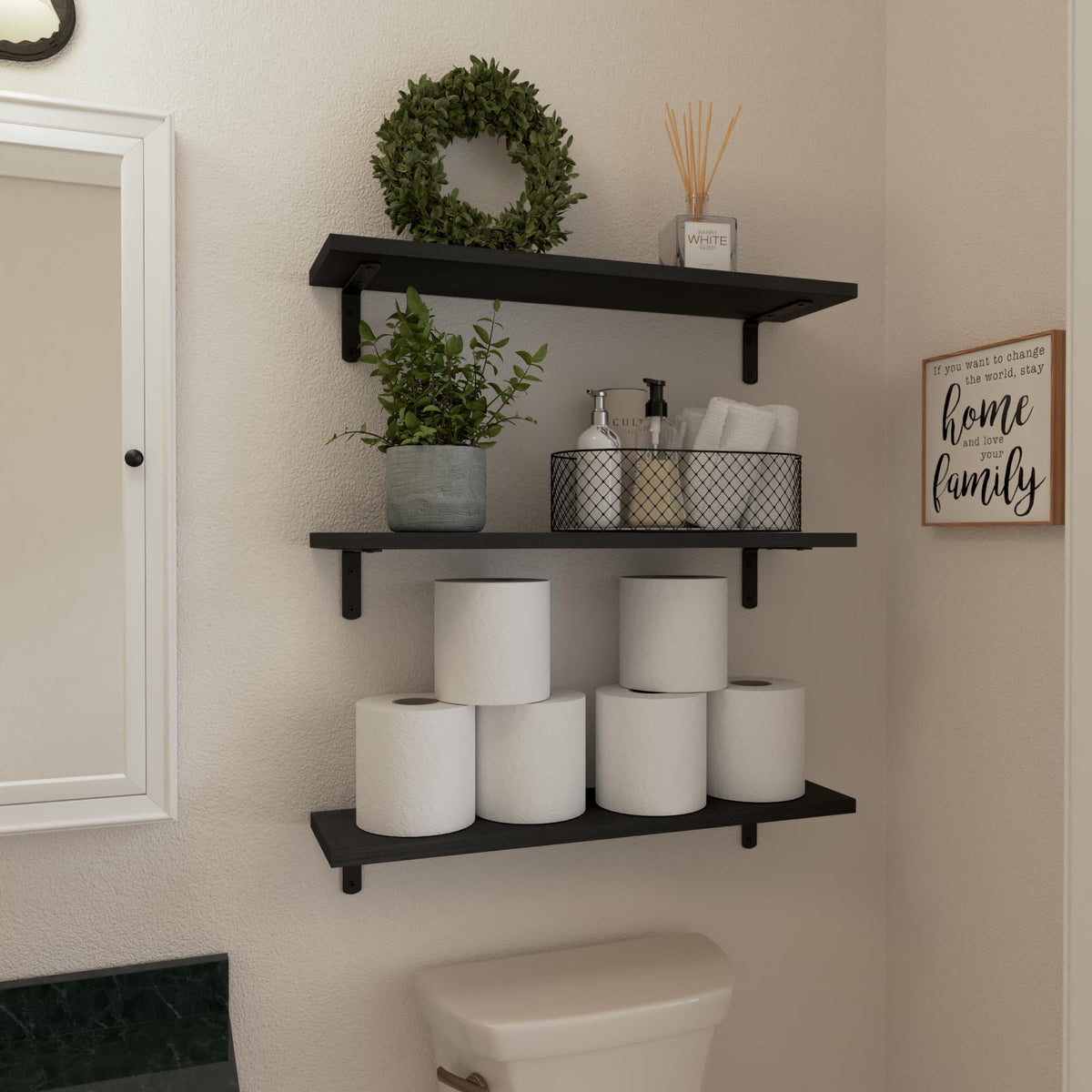 WOPITUES farmhouse-style shelves fit rustic or modern spaces.