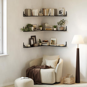 WOPITUES living room arrangement with multiple shelves for decor.