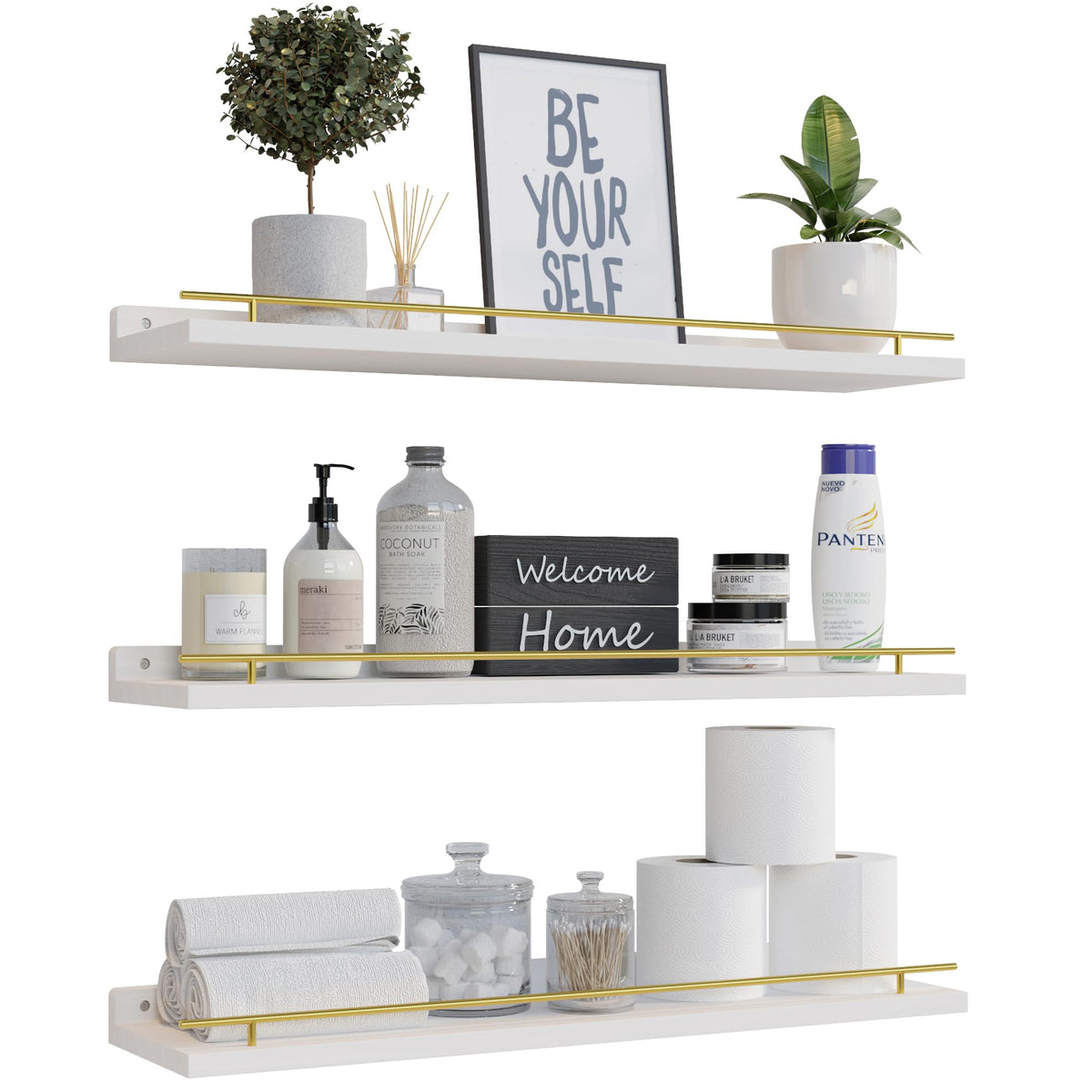 WOPITUES 24-inch floating shelves with gold guardrail shown as a set of 3 on a wall, stylish display
