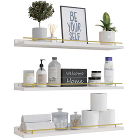 WOPITUES 24-inch floating shelves with gold guardrail shown as a set of 3 on a wall, stylish display