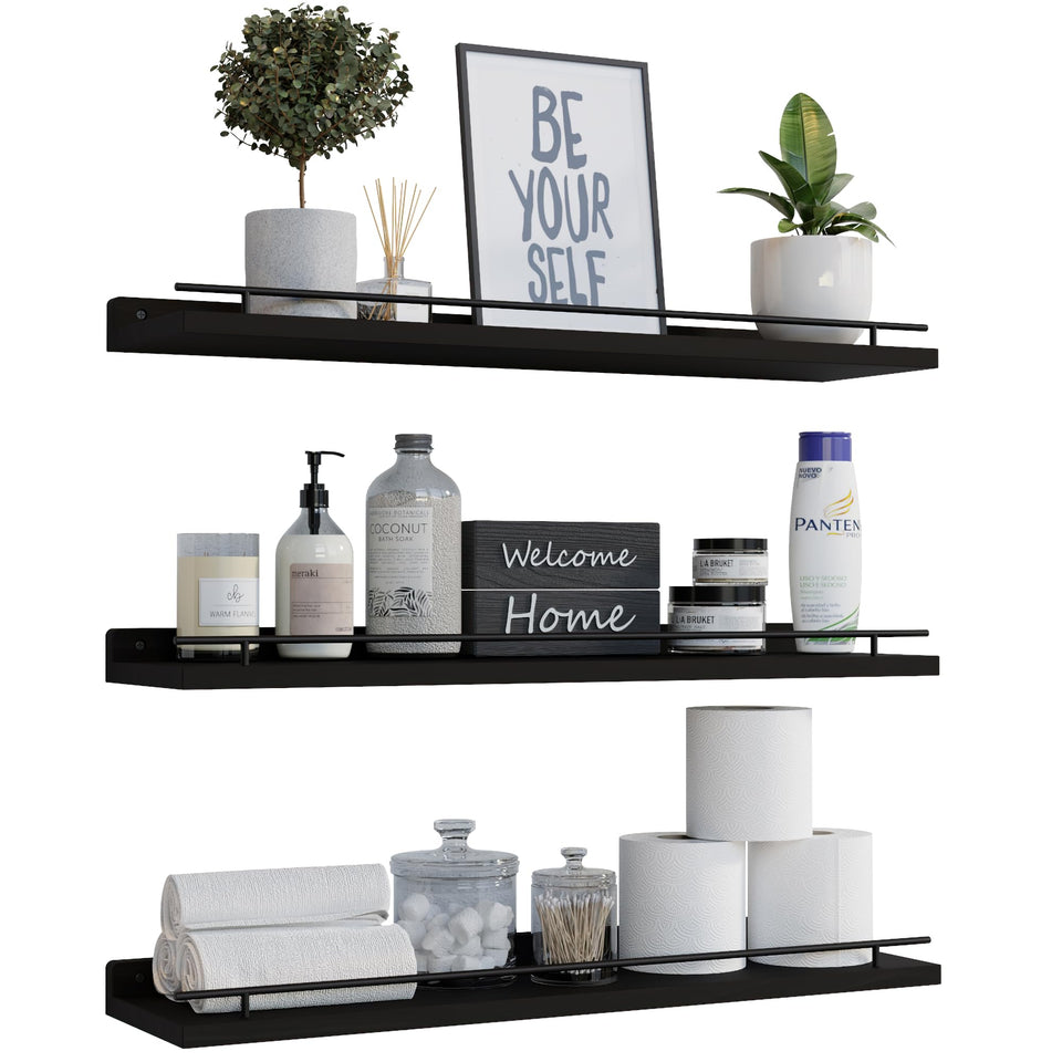 WOPITUES floating shelves guardrail close-up showing secure edge for valuables.