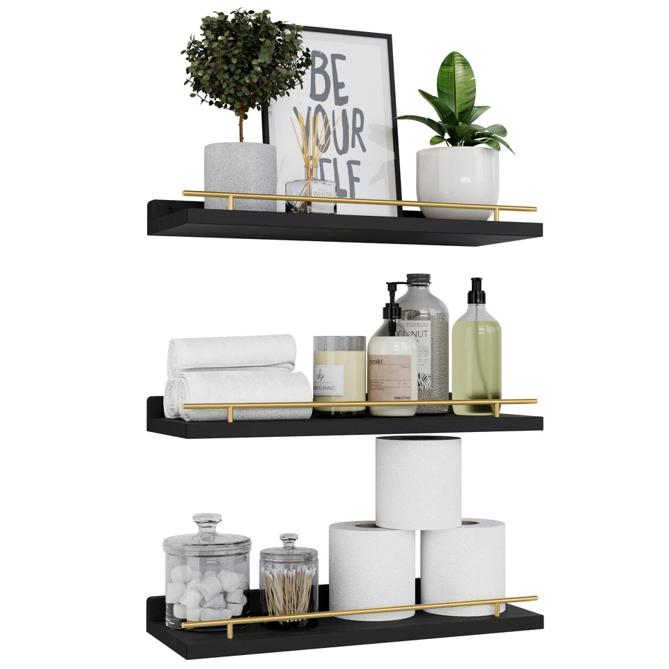 WOPITUES floating shelves with gold guardrail showing sturdy construction