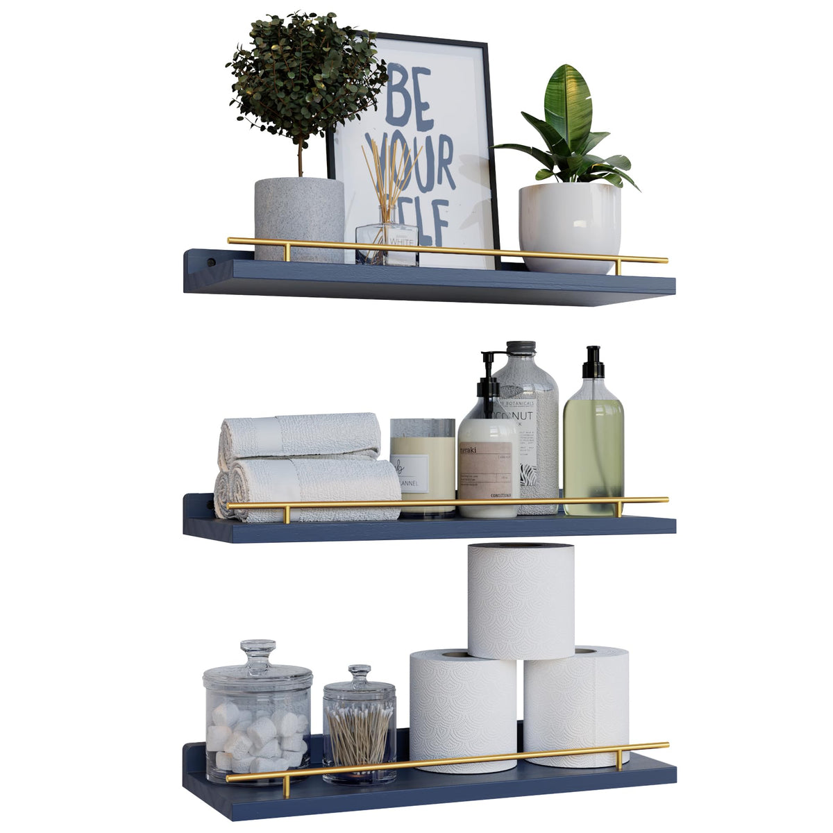 WOPITUES floating shelves with gold guardrail securely display small decor items