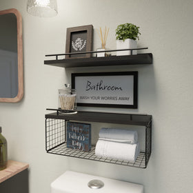 WOPITUES floating shelves with guardrail and basket provide secure storage.