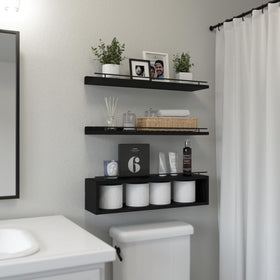 WOPITUES floating shelf with metal rail keeps items secure and tidy.