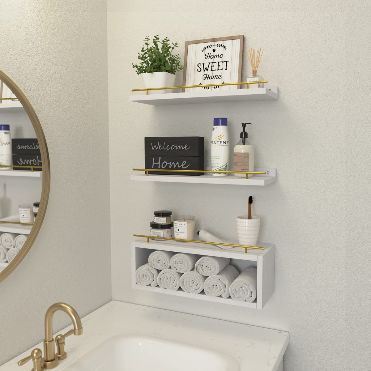 WOPITUES wall shelves with metal rails prevent items from falling.