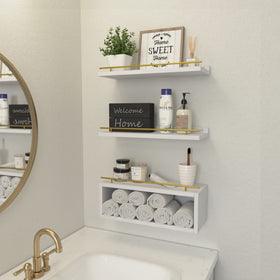 WOPITUES wall shelves with metal rails prevent items from falling.
