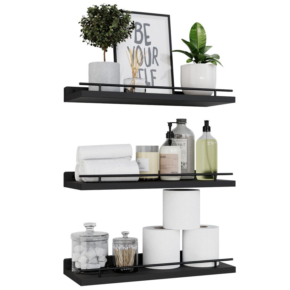 WOPITUES floating shelves set3 with black guardrail securely display decor on wall.