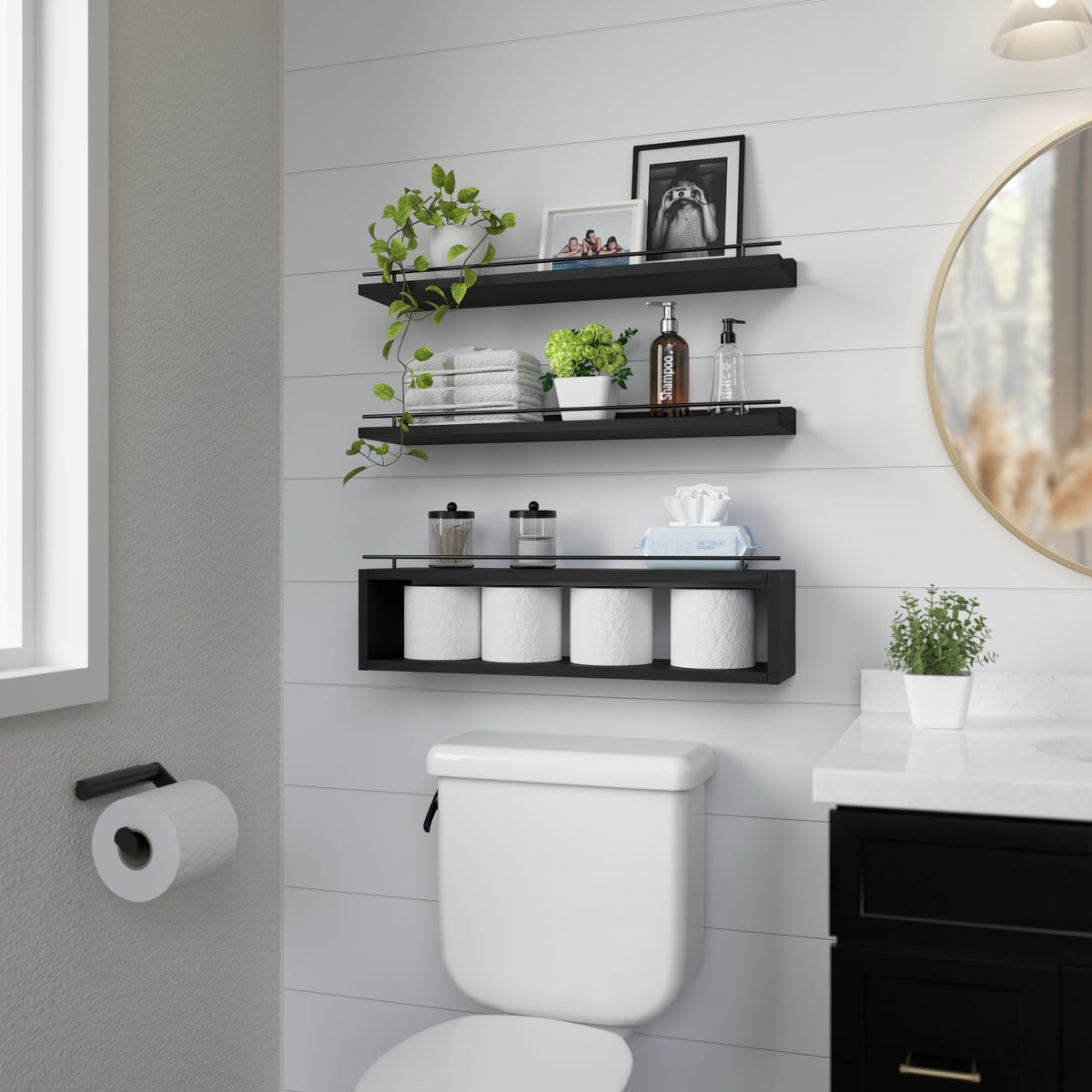 WOPITUES bathroom wall shelf organizes toilet essentials with rust-resistant rails.