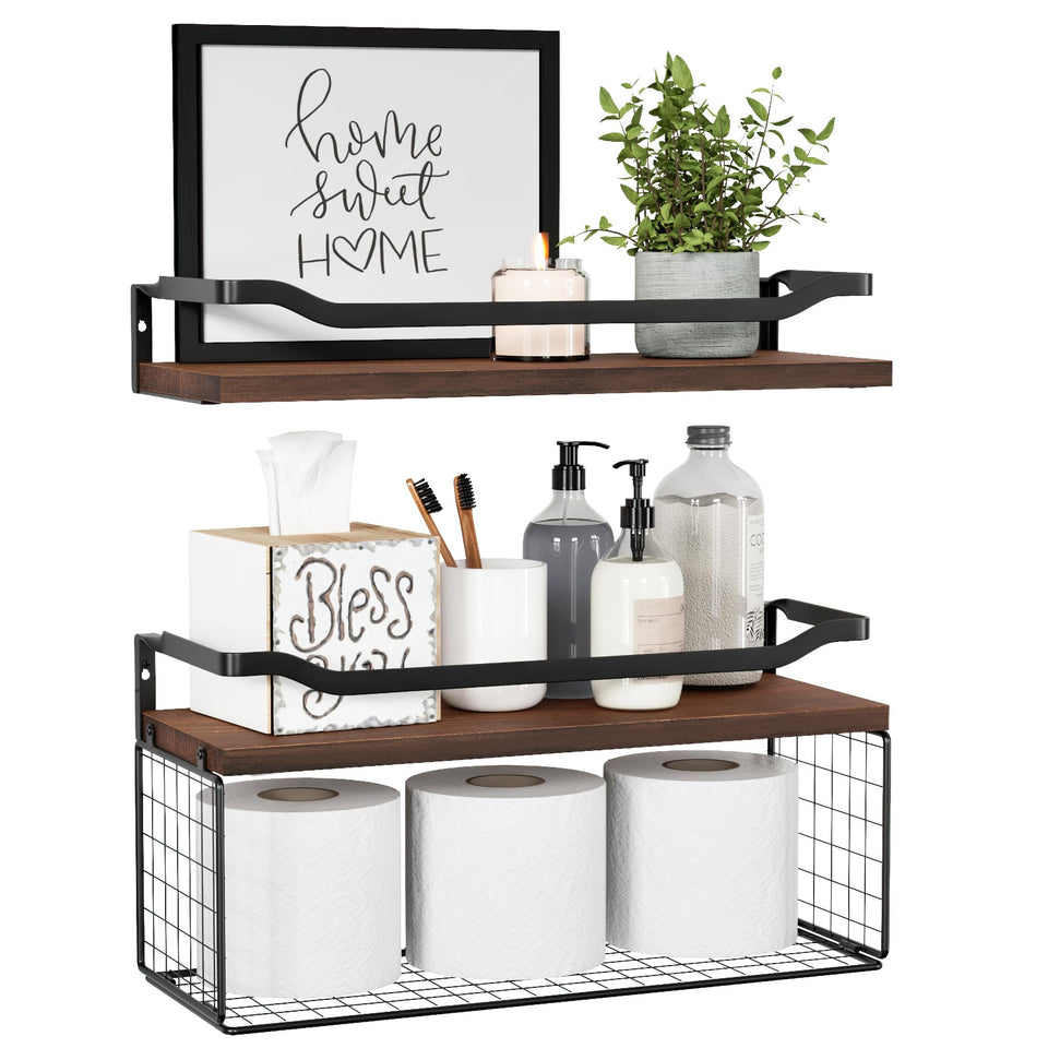 WOPITUES floating shelves with wire basket over toilet for easy toilet paper access