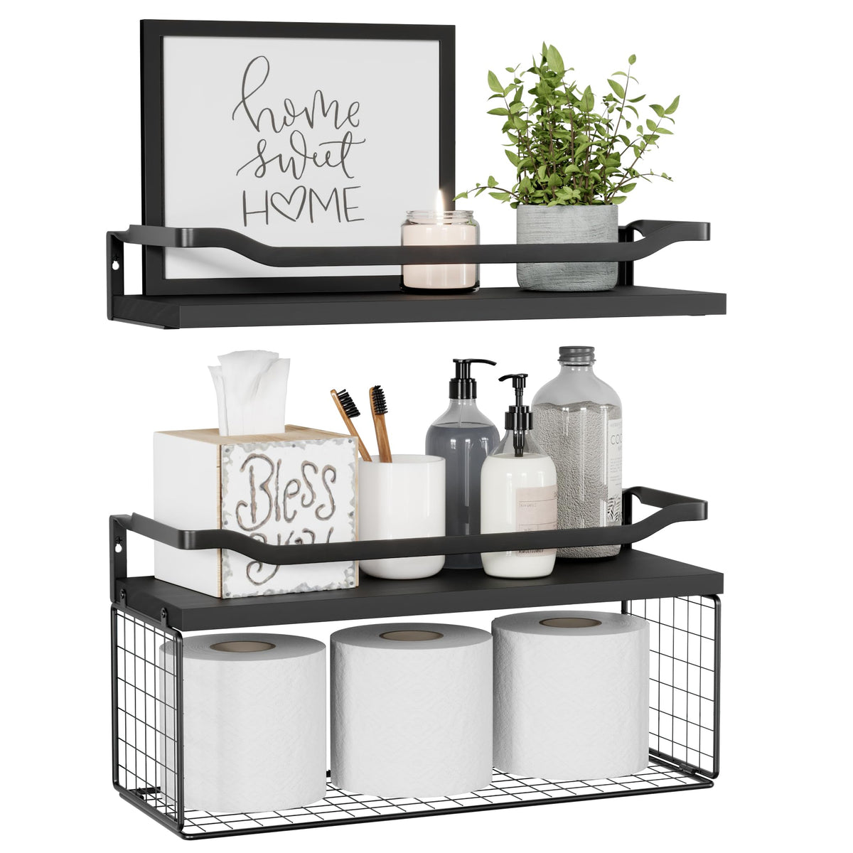 WOPITUES floating shelves with wire basket over toilet for easy toilet paper access