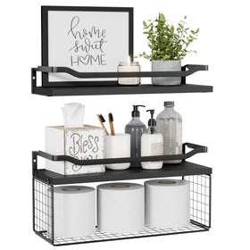 WOPITUES floating shelves with wire basket over toilet for easy toilet paper access