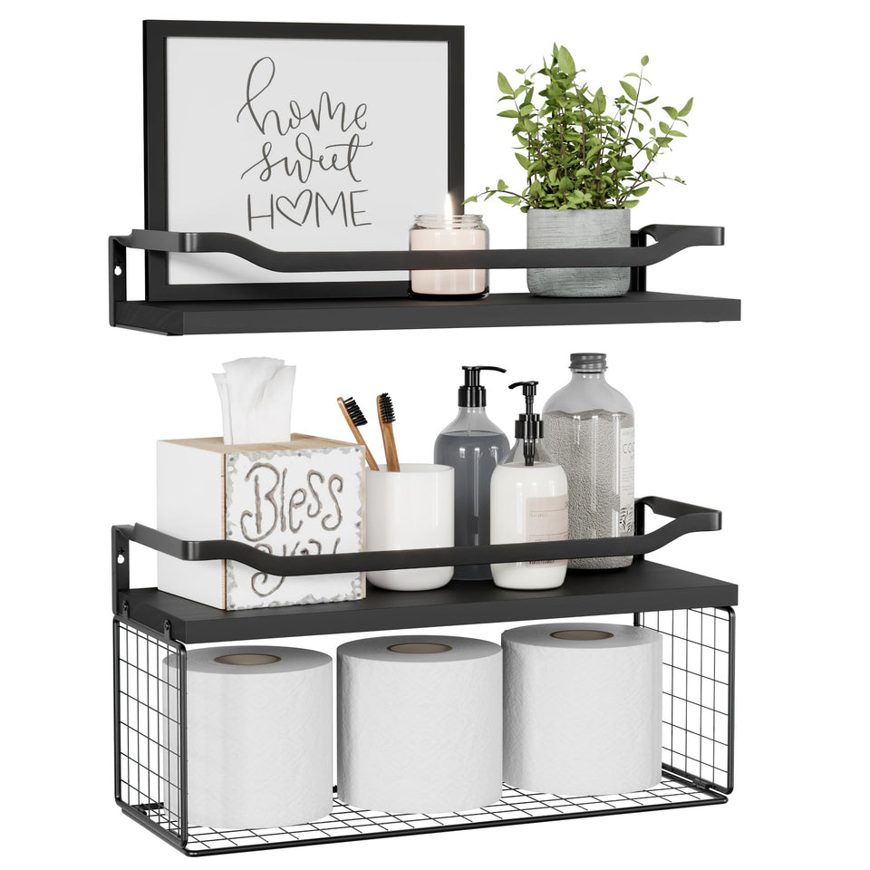 WOPITUES floating shelves with wire basket over toilet for easy toilet paper access