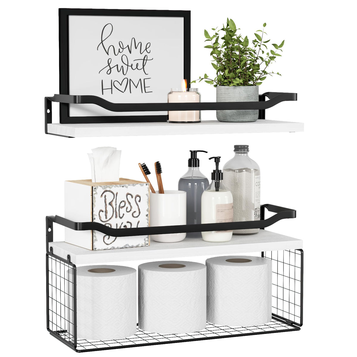WOPITUES floating shelves with wire basket over toilet for quick toilet paper access.