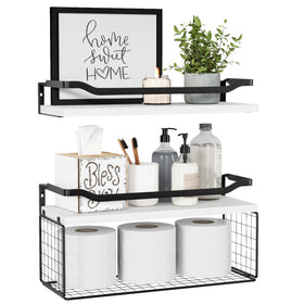 WOPITUES floating shelves with wire basket over toilet for quick toilet paper access.