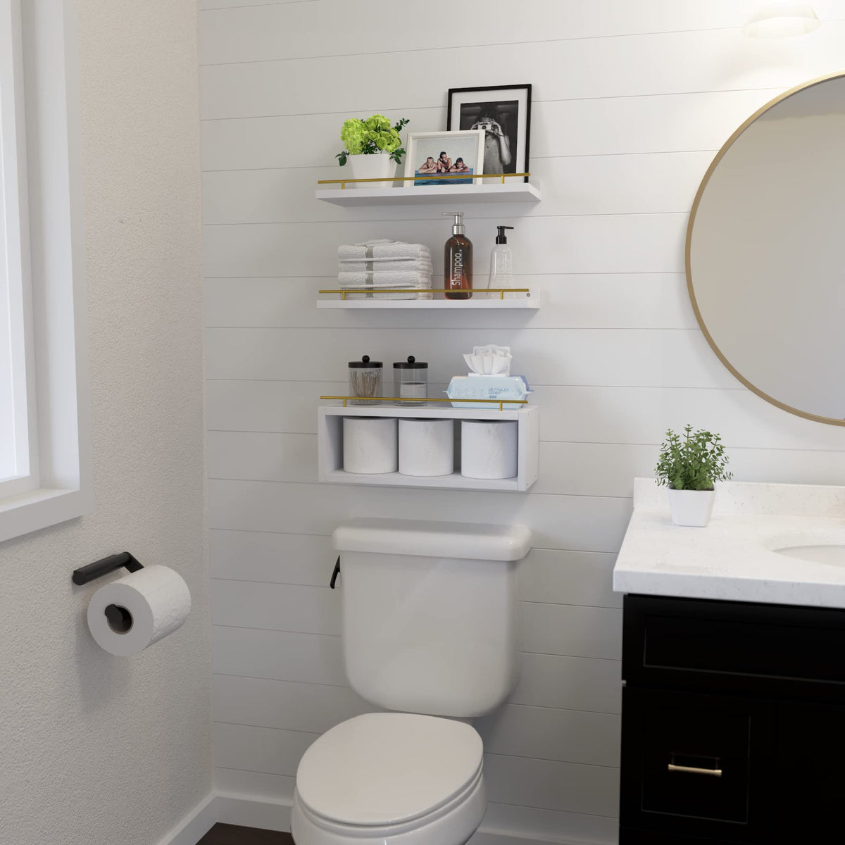 WOPITUES over-toilet bathroom shelf adds extra storage space.