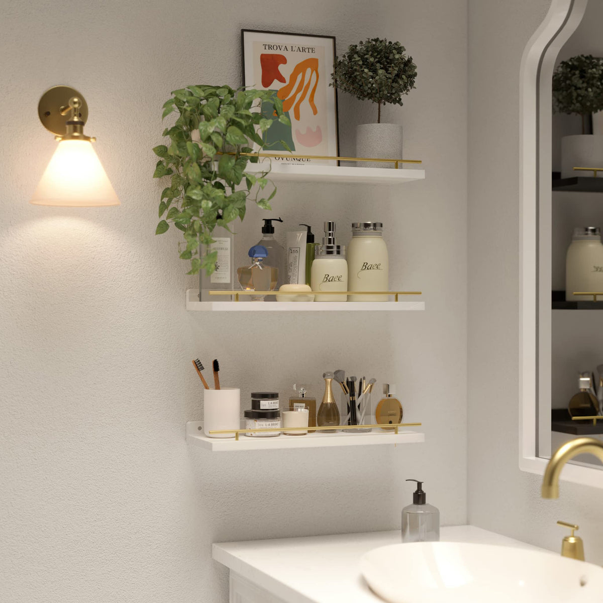 WOPITUES display of photos and art on wall shelves