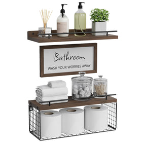 WOPITUES rustic brown floating shelves with guardrail for towels.