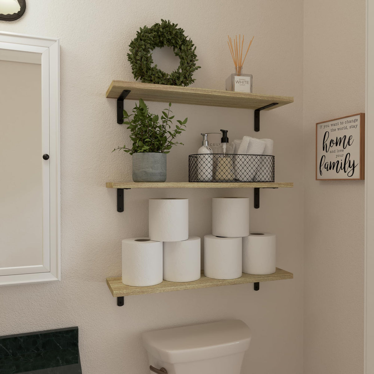 WOPITUES rustic farmhouse floating shelves in a hallway setting