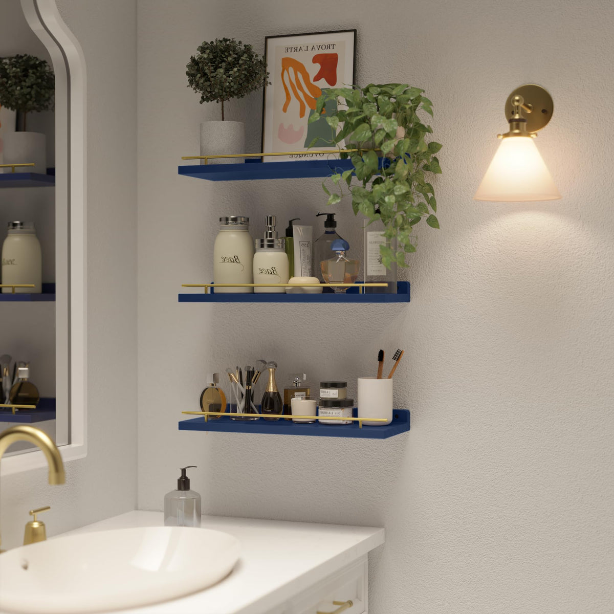WOPITUES shelves displaying art frames on navy blue backdrop