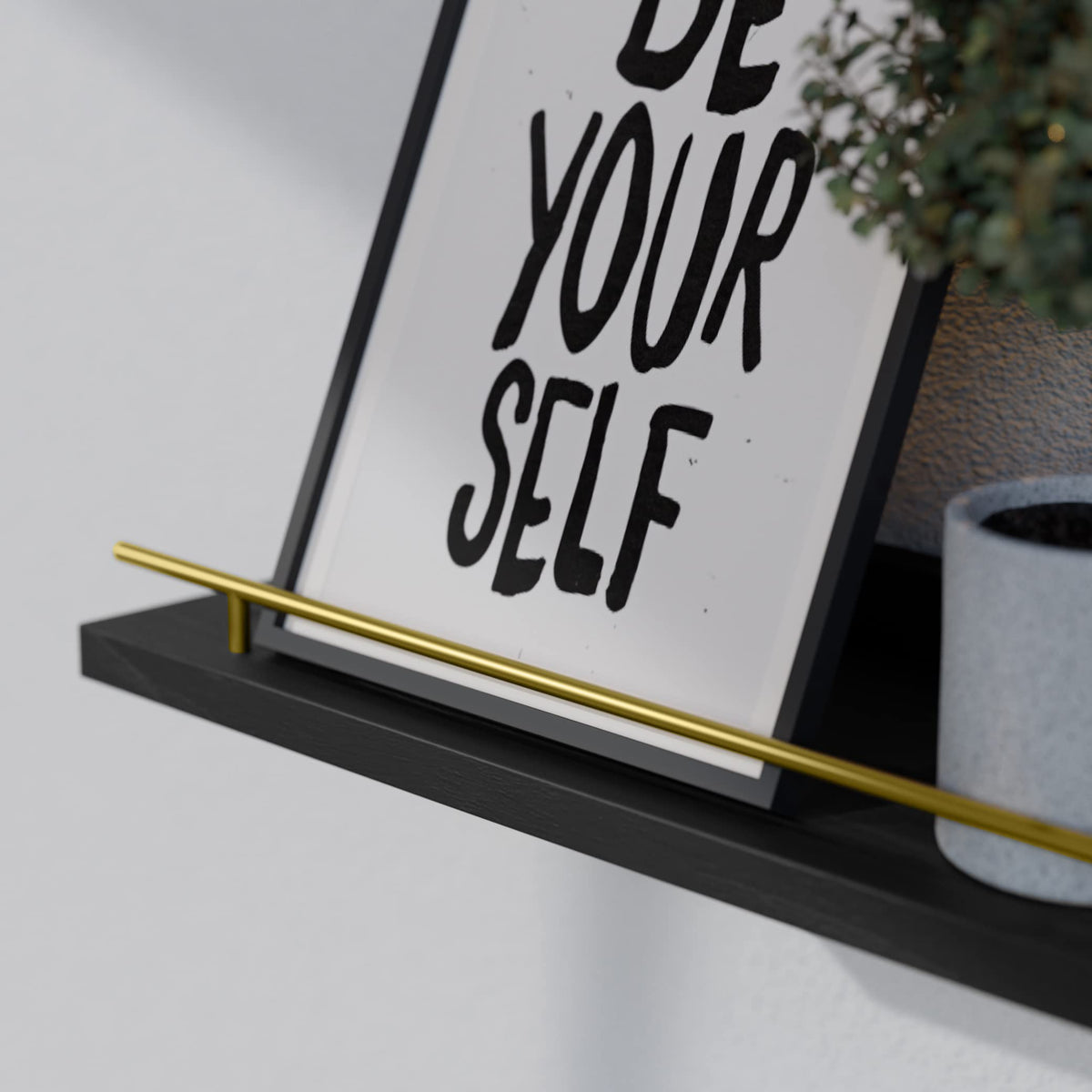 WOPITUES wall shelves black and gold guardrail closeup