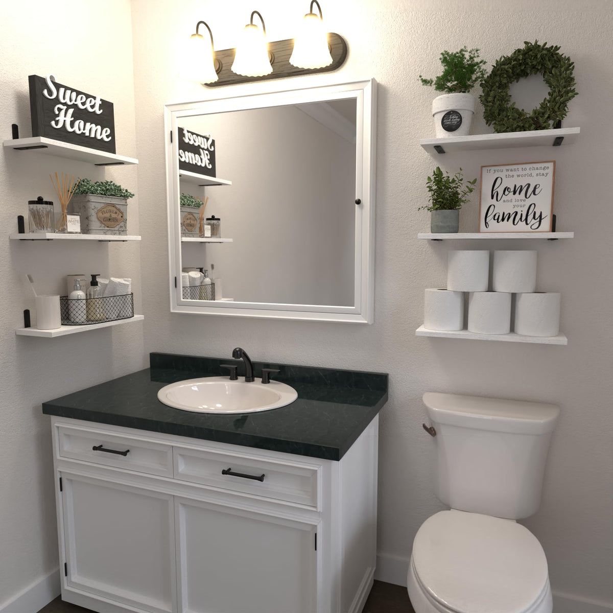 WOPITUES white floating shelf in bathroom provides compact wall storage for essentials.