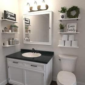 WOPITUES white floating shelf in bathroom provides compact wall storage for essentials.