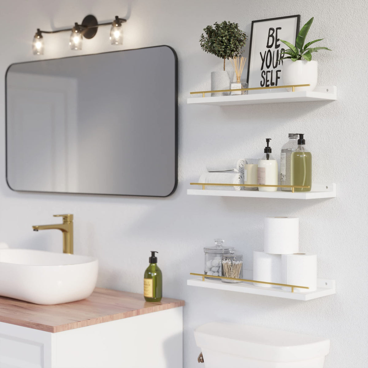 WOPITUES white three shelf wall set showing organized display
