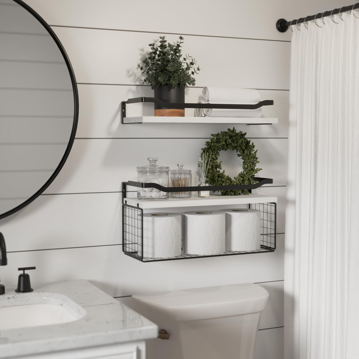 WOPITUES wood shelves with 3-sided guardrail for secure storage.