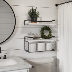 WOPITUES wood shelves with 3-sided guardrail for secure storage.