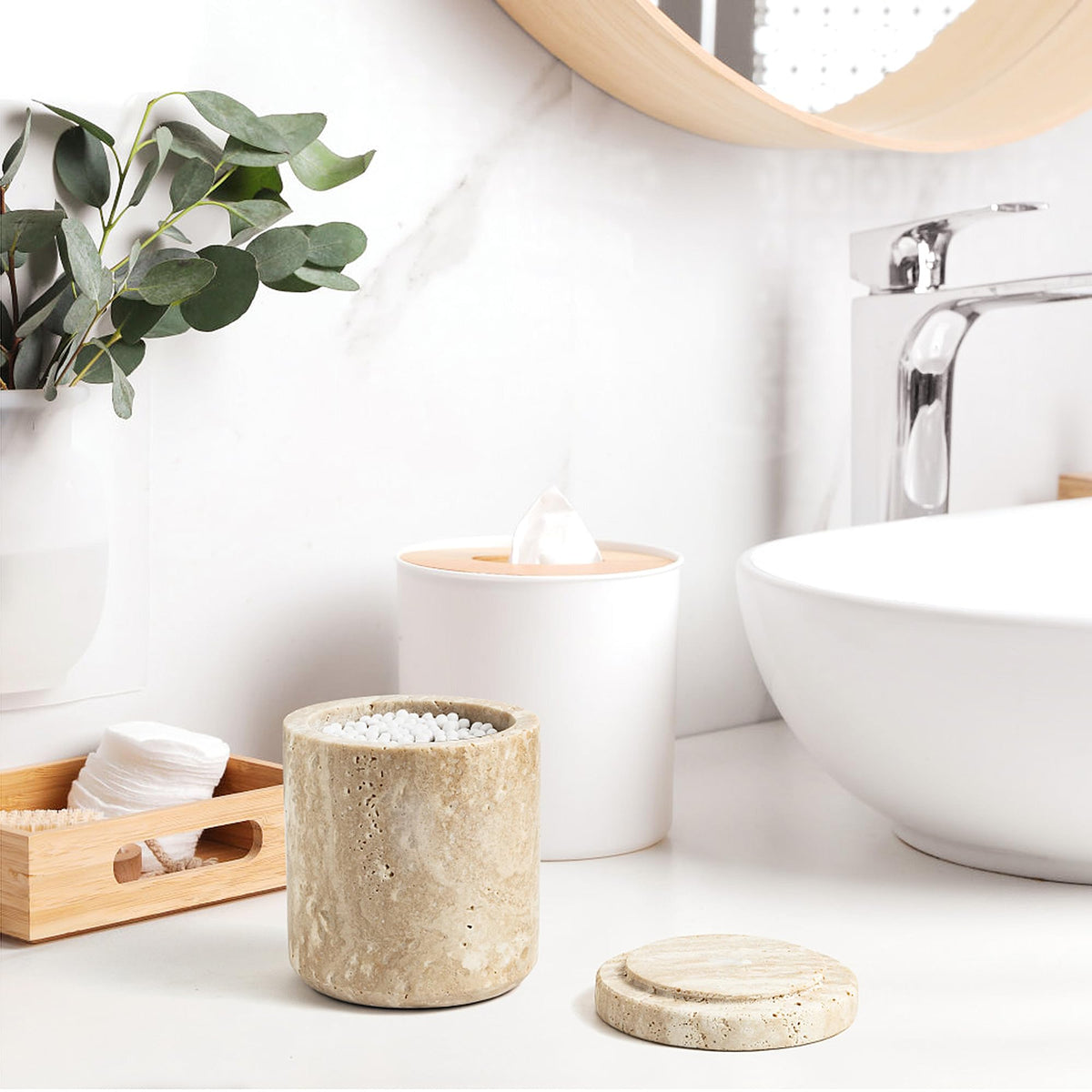 WORHE cotton swabs dispenser with secure lid prevents moisture and spills at sink.
