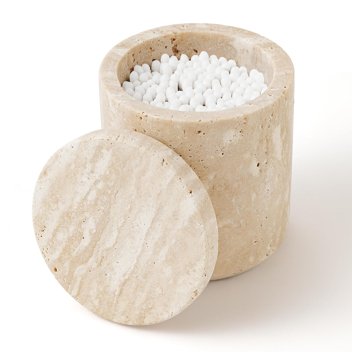 WORHE travertine qtip holder with lid keeps qtips organized and protected.