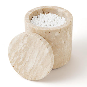 WORHE travertine qtip holder with lid keeps qtips organized and protected.